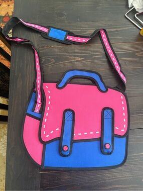 2D Pink & Blue Cartoon Satchel Crossbody Bag
